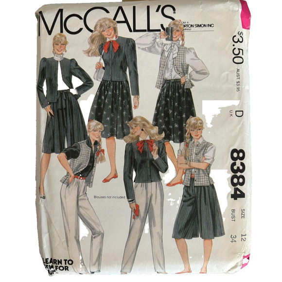 McCalls 8384 Sewing Pattern Misses Vest Skirt Culottes Size 12 Bust 34 NOS Uncut - Picture 1 of 5